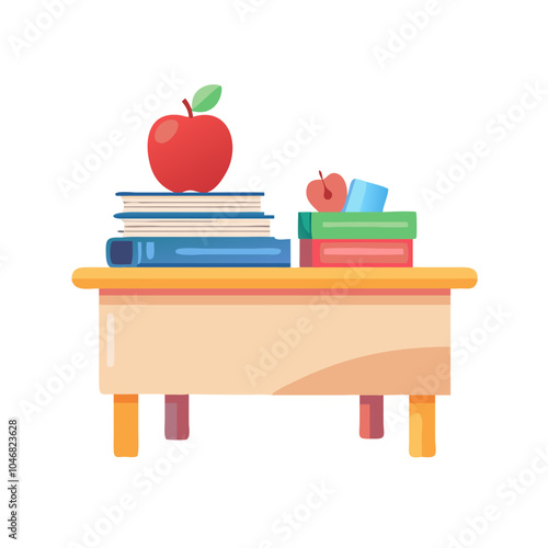 School Desk with Books, Apples, and Stationery for Learning