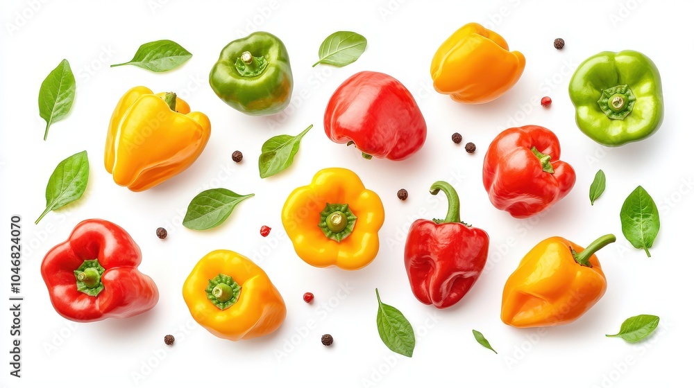 A variety of colorful bell peppers sliced and arranged on a white background, showcasing their vibrant reds, yellows, and greens in fine detail. A variety of colorful bell peppers sliced and arranged on a white background, showcasing their vibrant reds, yellows, and greens in fine detail.