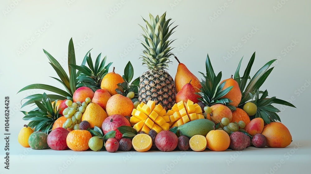 A vibrant arrangement of tropical fruits, including mango, pineapple, and papaya, artistically displayed on a clean white background, emphasizing freshness and natural appeal. A vibrant arrangement of tropical fruits, including mango, pineapple, and papaya, artistically displayed on a clean white background, emphasizing freshness and natural appeal.