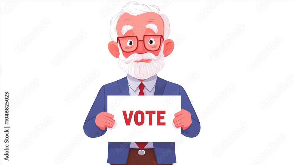 An enthusiastic older gentleman supports democracy by promoting the importance of voting through a vibrant sign An enthusiastic older gentleman supports democracy by promoting the importance of voting through a vibrant sign