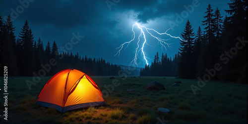 Illuminated camping tent at night with heavy thunderstorm and storm approaching, risk of severe weather and unprotected outdoor stay photo