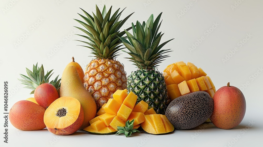 A visually appealing arrangement of raw tropical fruits like mango, pineapple, and papaya, elegantly presented on a crisp white backdrop, emphasizing freshness and flavor. A visually appealing arrangement of raw tropical fruits like mango, pineapple, and papaya, elegantly presented on a crisp white backdrop, emphasizing freshness and flavor.
