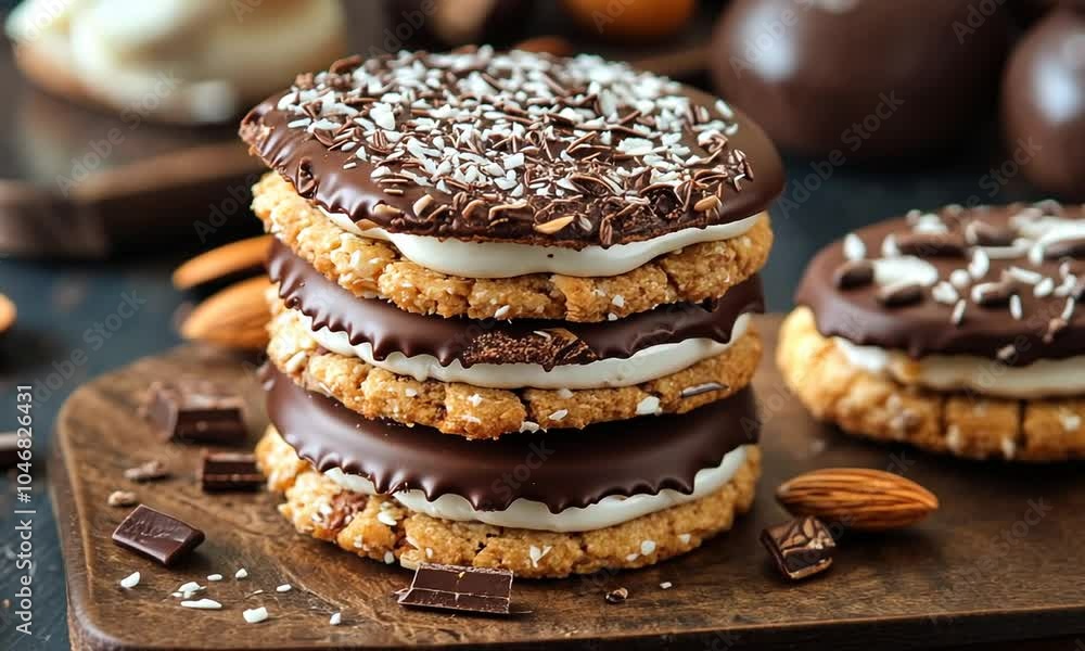 Stacked chocolate-covered cookies with cream filling. Stacked chocolate-covered cookies with cream filling.