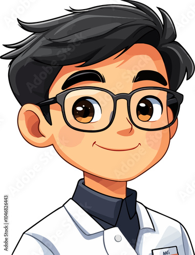 cartoon illustration of a young boy wearing glasses and a lab coat, smiling warmly to convey a sense of intelligence and friendliness, perfect for a budding scientist or doctor