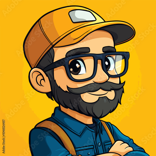 A stylish cartoon illustration of a bearded man wearing glasses and a cap, smiling confidently against a bright yellow background, giving off a friendly and approachable vibe