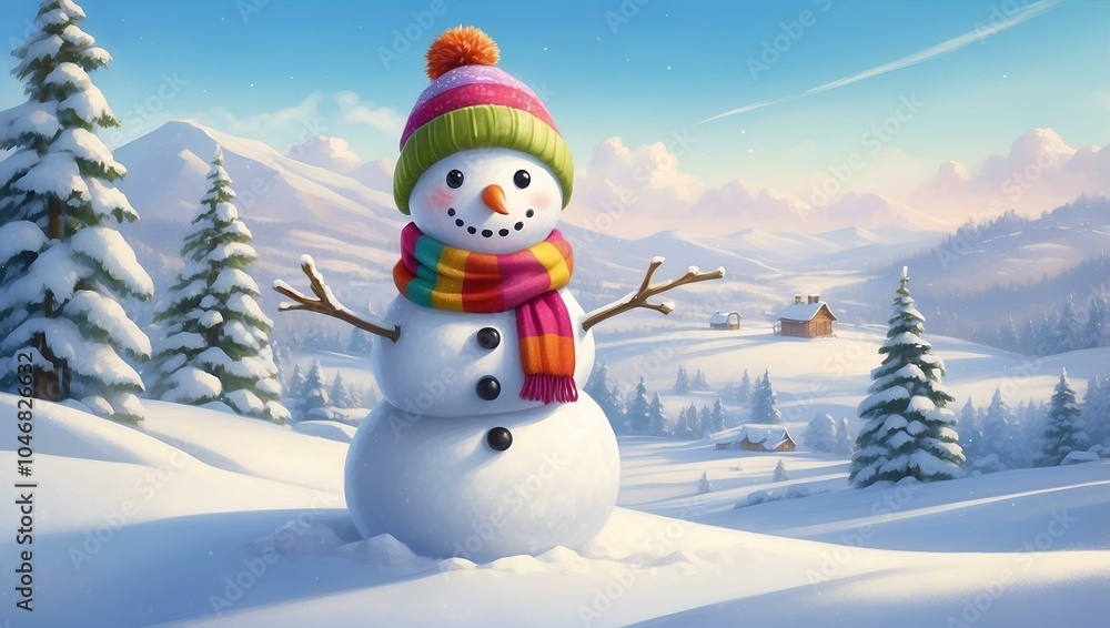 Naklejka premium Happy snowman in winter landscape with snowy mountains and colorful knitted hat