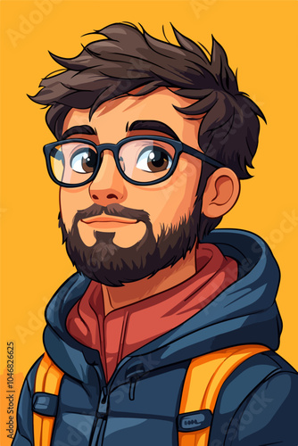 cartoon illustration of a young man with glasses and a beard, wearing a blue hoodie and orange backpack, smiling warmly against a bright yellow background