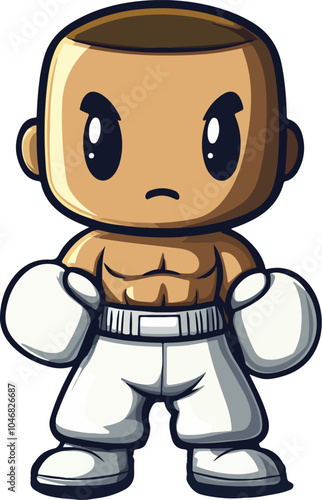 A playful cartoon illustration of a young boxer with a muscular build, wearing white boxing gloves and shorts, striking a confident stance that conveys strength and readiness
