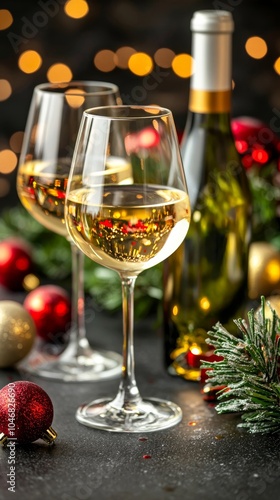 Perfect for celebrating and gatherings, this elegant white wine glass is decorated with festive ornaments and soft bokeh lighting.