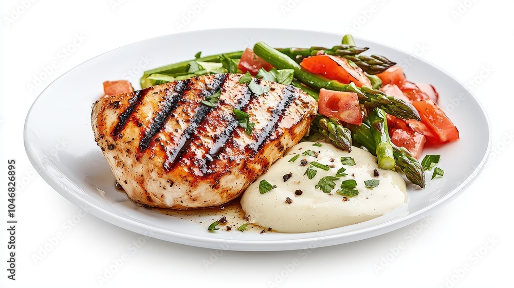 A well-plated entre featuring grilled chicken, asparagus, and a light sauce, carefully displayed on a white plate with a white background. A well-plated entre featuring grilled chicken, asparagus, and a light sauce, carefully displayed on a white plate with a white background.