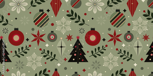 Seamless Christmas Pattern – Flat-Style Vector Design with Festive Ornaments, Leaves, and Stars on a green Background. Ideal for Holiday Gift Wrapping, Seasonal Decor, and Digital Projects