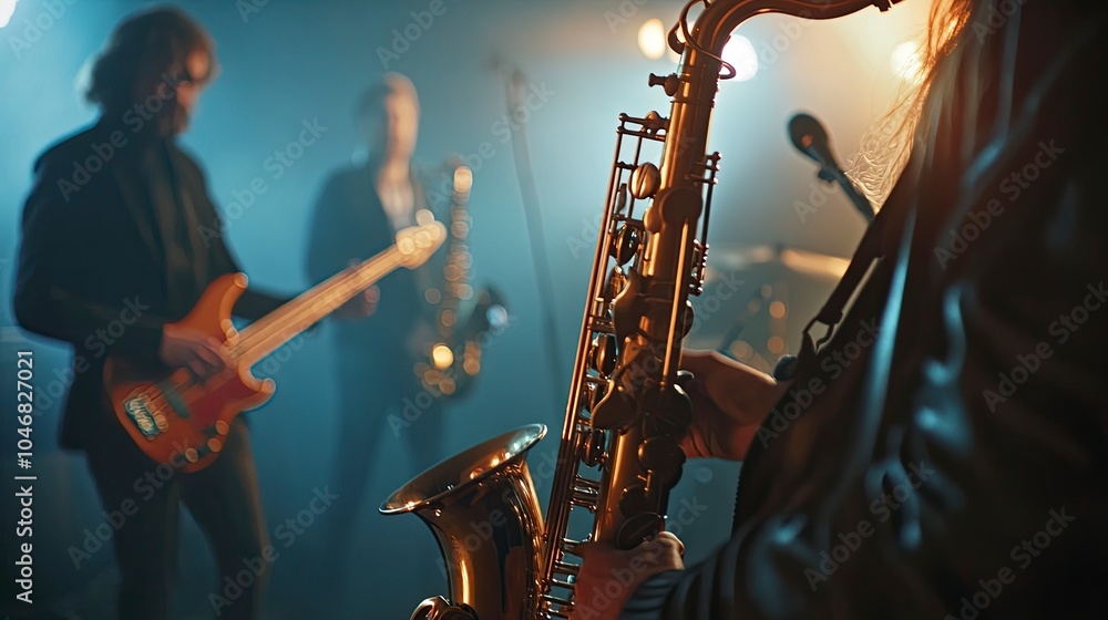Obraz premium Musician playing saxophone on blurred background. Man with friends blow saxophone with the band for performance. Music instrument played by saxophonist player musician in festival. generative ai
