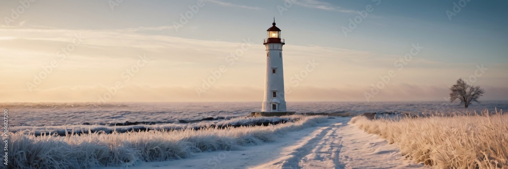 Lighthouse in a winter landscape with a lone tree and frost-covered grass Lighthouse in a winter landscape with a lone tree and frost-covered grass