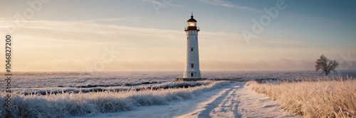 Lighthouse in a winter landscape with a lone tree and frost-covered grass