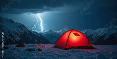 Illuminated camping tent at night with heavy thunderstorm and storm approaching, risk of severe weather and unprotected outdoor stay photo