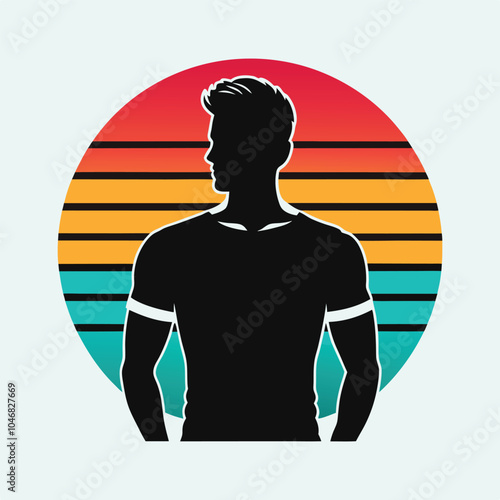 A silhouette of a man in a tshirt stands against a circular background depicting a colorful sunset with striped horizontal lines in retro style.