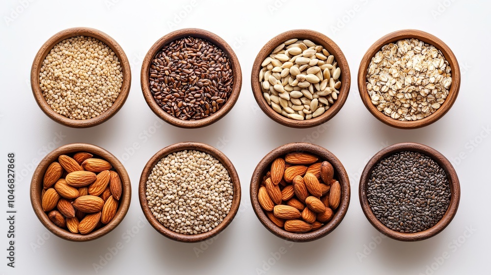 An artistic arrangement of organic grains, nuts, and seeds in small bowls on a pristine white background, highlighting the textures and colors for clean eating inspiration. An artistic arrangement of organic grains, nuts, and seeds in small bowls on a pristine white background, highlighting the textures and colors for clean eating inspiration.