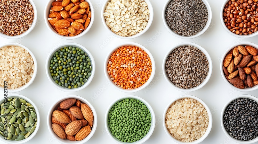 An artistic arrangement of organic grains, nuts, and seeds in small bowls on a pristine white background, highlighting the textures and colors for clean eating inspiration. An artistic arrangement of organic grains, nuts, and seeds in small bowls on a pristine white background, highlighting the textures and colors for clean eating inspiration.