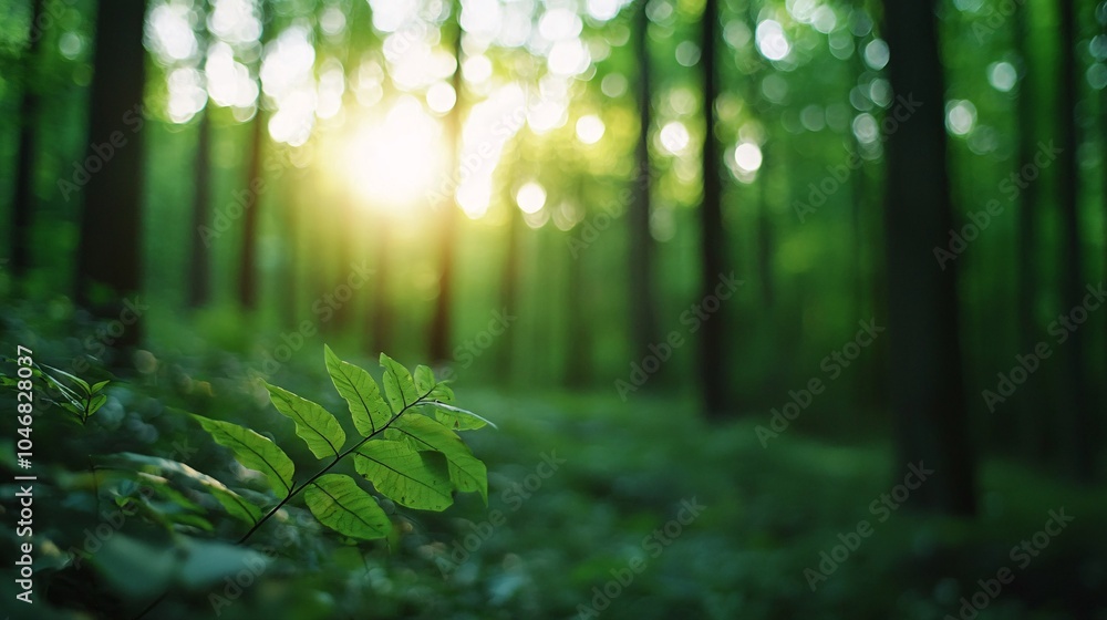 Fototapeta premium Captivating sunlight filters through lush green leaves in a tranquil forest setting creating a serene atmosphere for nature lovers