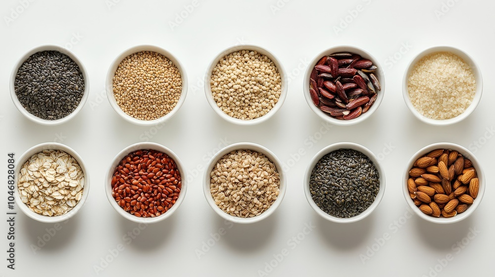 An artistic arrangement of organic grains, nuts, and seeds in small bowls on a pristine white background, highlighting the textures and colors for clean eating inspiration. An artistic arrangement of organic grains, nuts, and seeds in small bowls on a pristine white background, highlighting the textures and colors for clean eating inspiration.