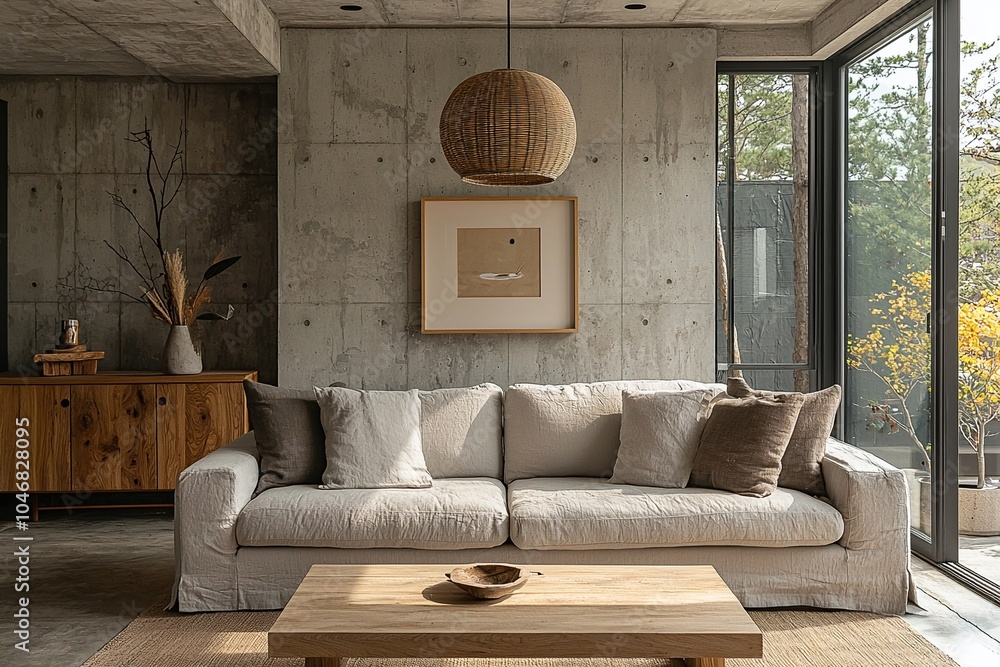 Fototapeta premium Modern Scandinavian interiors in the living room with exposed concrete-finished walls and Scandinavian interior furniture. Generative AI 