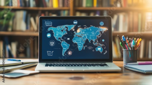 Laptop displaying world map on desk with books and stationery in background