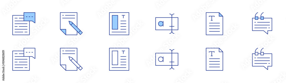 Text icon set in two styles, Duotone and Thin Line style. Editable stroke. text box, text file, validation, chat, copywriting, graphic design Text icon set in two styles, Duotone and Thin Line style. Editable stroke. text box, text file, validation, chat, copywriting, graphic design