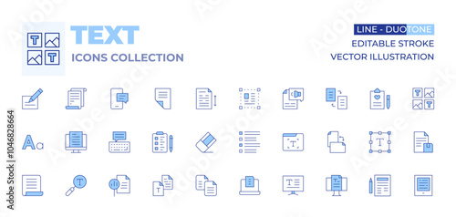 Text icons collection. Line Duotone style, editable stroke. list, select, text, text to speech, draft, wishlist, keyboard, message, line spacing, white paper, font, paper, writing