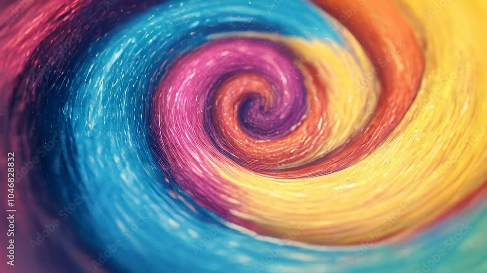 A vibrant, textured spiral pattern in a rainbow of colors, creating a dynamic and mesmerizing abstract swirl with rich depth and movement.