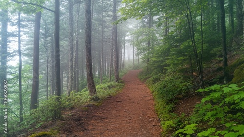 Serene forest trail with tree canopy and misty atmosphere