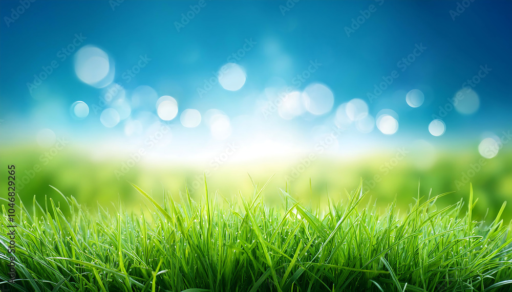 Obraz premium Green grass and blue sky abstract background with bokeh style for World Environment Day_1(524)