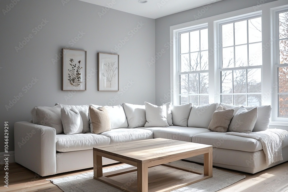 Fototapeta premium Minimalist, Scandinavian interior with white finished walls and sofa and table. Generative AI 