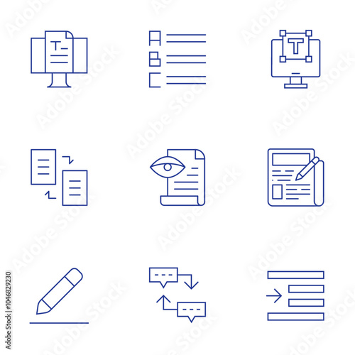 Text icons set. Thin Line style, editable stroke. blog, copy, edit text, list, proof reading, sequence, laptop, newspaper, right indent