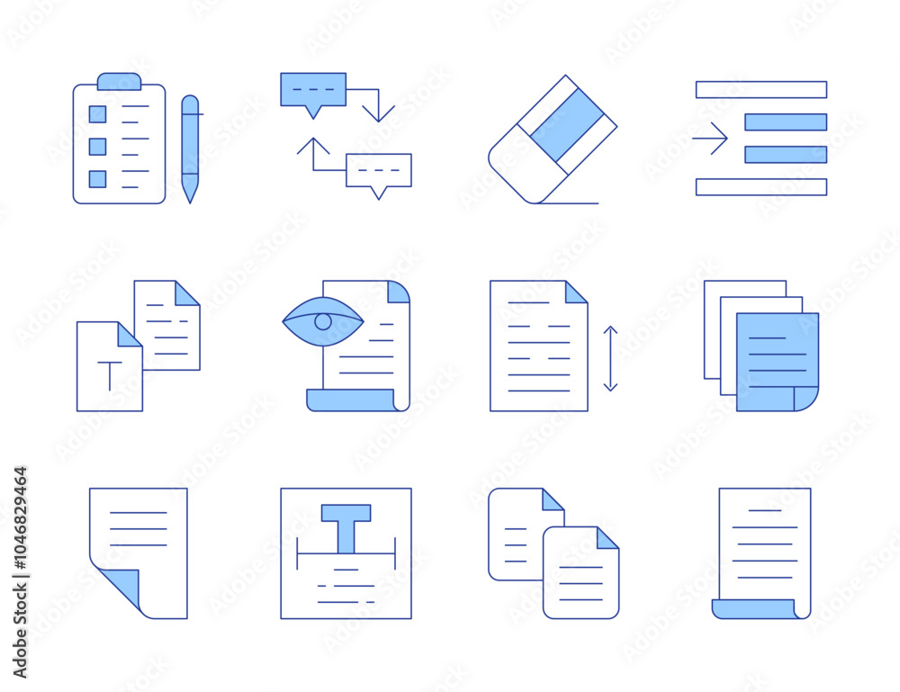 Text icons. Line Duotone style, editable stroke. proof reading, sequence, text, right indent, speech, sheet, copy, draft, wishlist, line spacing, white paper Text icons. Line Duotone style, editable stroke. proof reading, sequence, text, right indent, speech, sheet, copy, draft, wishlist, line spacing, white paper