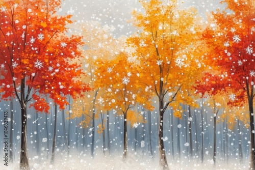 Autumn transition to winter with falling snowflakes