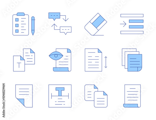 Text icons. Line Duotone style, editable stroke. proof reading, sequence, text, right indent, speech, sheet, copy, draft, wishlist, line spacing, white paper