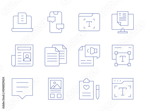 Text icons. Thin Line style, editable stroke. text, text to speech, writing, laptop, newspaper, review, text editor, typography, chat, copy, essay
