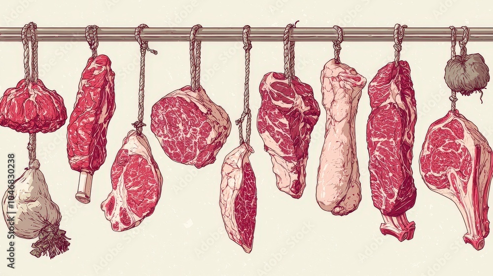 An informative depiction of the butchering process with various cuts of ...