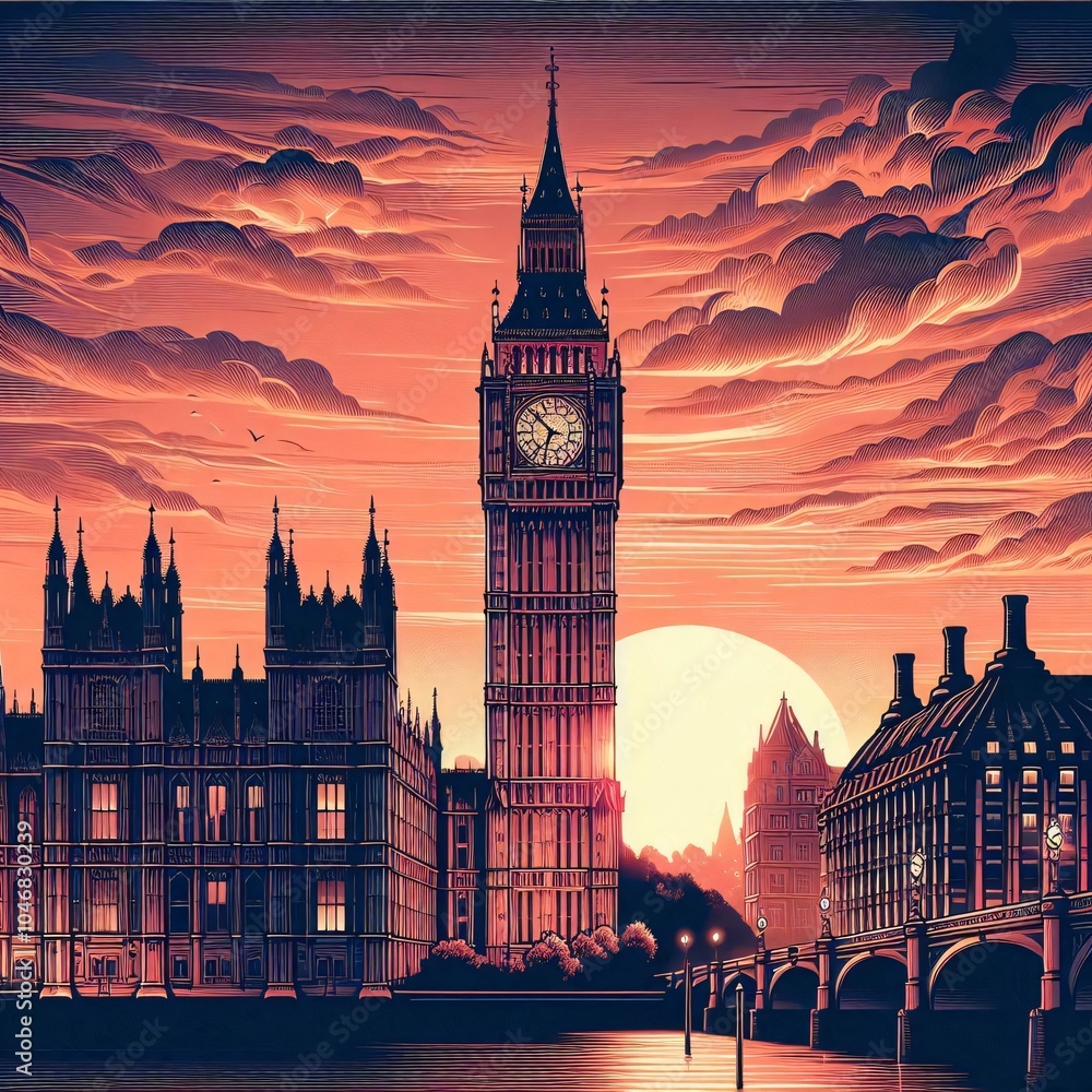 Fototapeta premium Big Ben rises between framed historic buildings, with a bridge spanning the water in the foreground, creating a classic London cityscape.