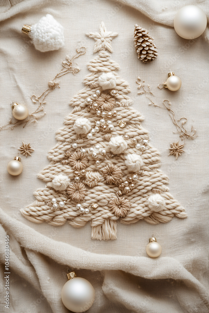 Christmas beige tree embroidered with threads and beads on fabric. Beautiful composition for a postcard Christmas beige tree embroidered with threads and beads on fabric. Beautiful composition for a postcard