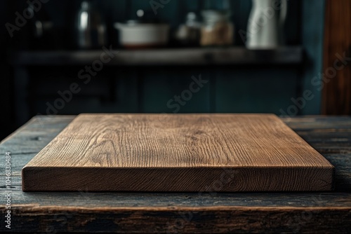 Rustic wooden cutting board on a dark wooden table in a kitchen setting.