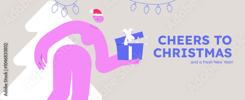 Vector illustration of a happy woman, holding wrapped present. Festive celebration concept. Merry Christmas and happy new year banner. Simple cheerful header with copyspace.