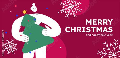 Vector illustration of a happy woman, holding christmas tree. Festive celebration concept. Merry Christmas and happy new year banner. Simple cheerful header with copyspace.