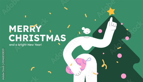 Vector illustration of a happy woman, holding decorative ball. Festive celebration concept. Merry Christmas and happy new year banner. Simple cheerful header with copyspace.