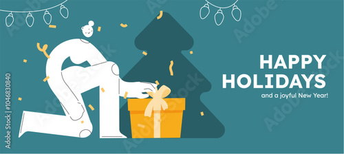 Vector illustration of a happy woman, holding wrapped present. Festive celebration concept. Merry Christmas and happy new year banner. Simple cheerful header with copyspace.