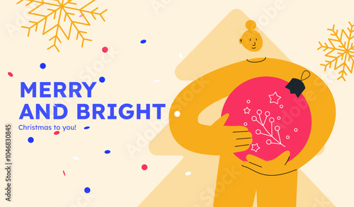 Vector illustration of a happy woman, holding decorative ball. Festive celebration concept. Merry Christmas and happy new year banner. Simple cheerful header with copyspace.