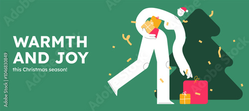 Vector illustration of a happy woman, holding presents. Festive celebration concept. Merry Christmas and happy new year banner. Simple cheerful header with copyspace.