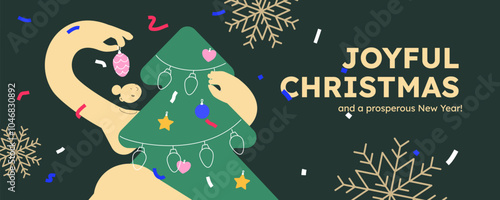Vector illustration of a happy woman, decorating christmas tree. Festive celebration concept. Merry Christmas and happy new year banner. Simple cheerful header with copyspace.