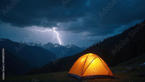 Illuminated camping tent at night with heavy thunderstorm and storm approaching, risk of severe weather and unprotected outdoor stay photo