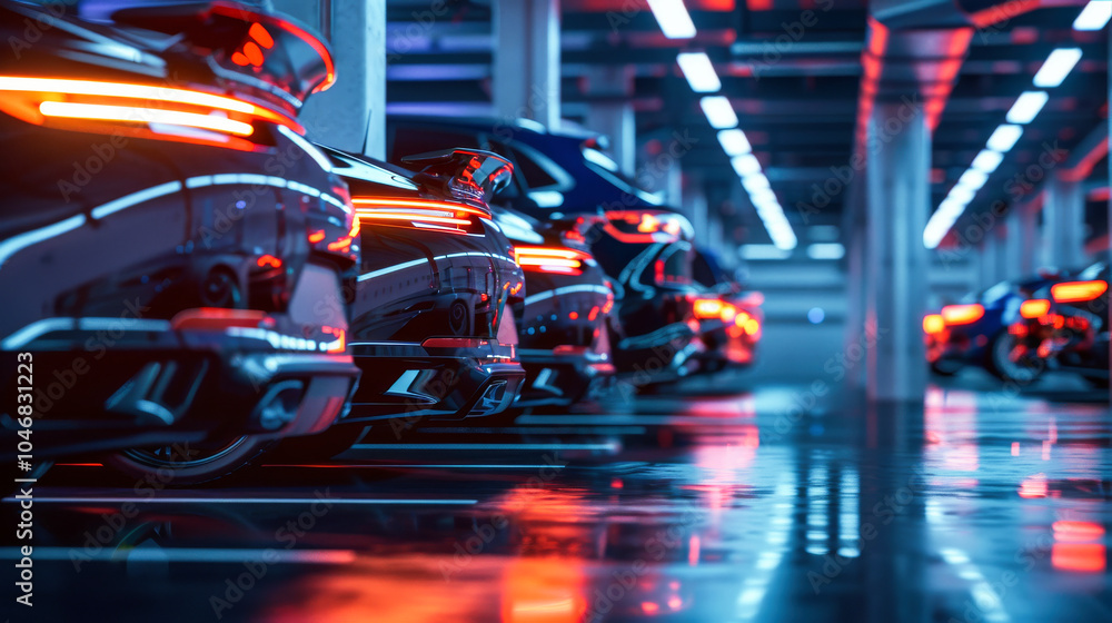 Fototapeta premium A row of cars parked on the side with their tail lights glowing